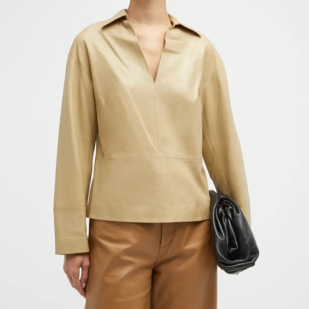 NEW VINCE Beige Tan LEATHER SLEEVELESS V -NECK TOP SOLD OUT